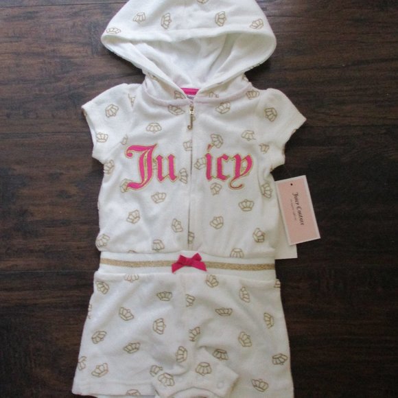 NWT JUICY COUTURE ~ TERRY HOODED ROMPER ~ 18 mo. ~ GOLD GLITTER CROWNS - Picture 1 of 5